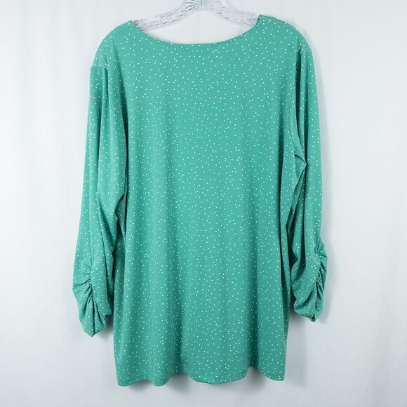 Susan Graver Printed Liquid Knit Button Front Shirt Womens XL Green Polka Dot - Picture 2 of 13